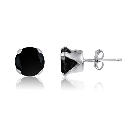 Stainless Steel Prong-Set Round Circle Stud Earrings with Jet Black CZ pair 